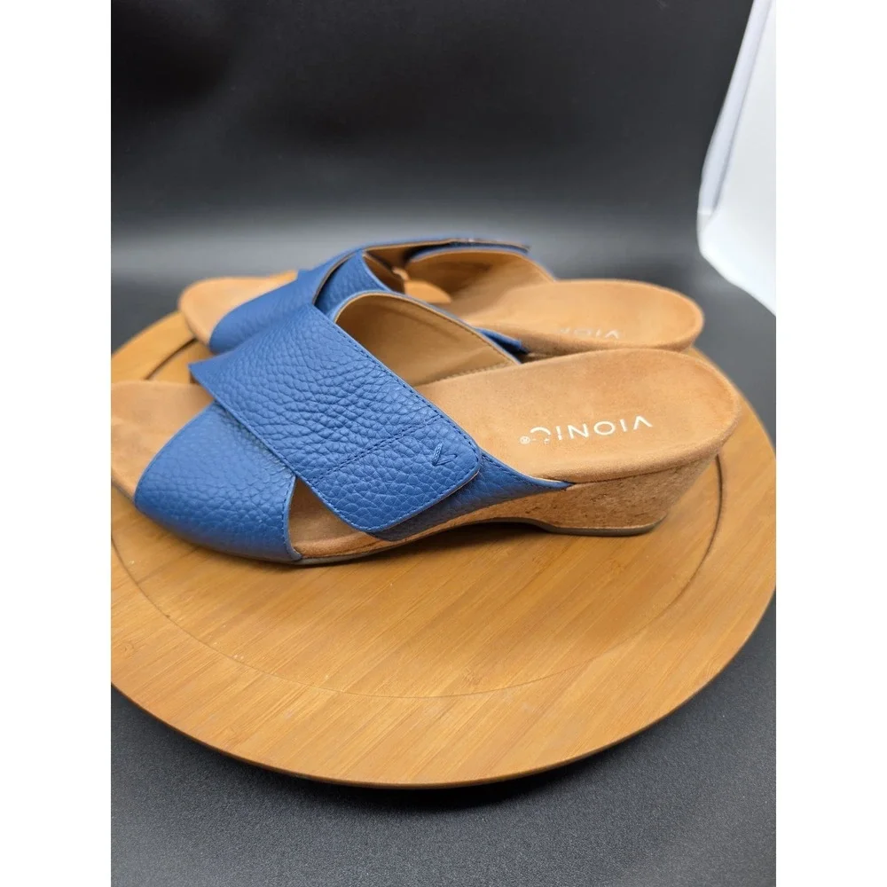 Vionic Leticia CrissCross Blue Leather Wedge Heel‎ Slip On Summer Sandal Size 9